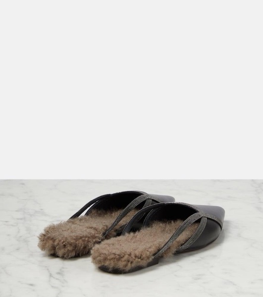 Shearling-trimmed leather slippers