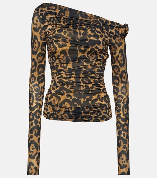 Floral-appliqué leopard-print top