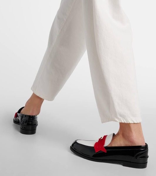 Penny suede-trimmed patent leather penny loafers