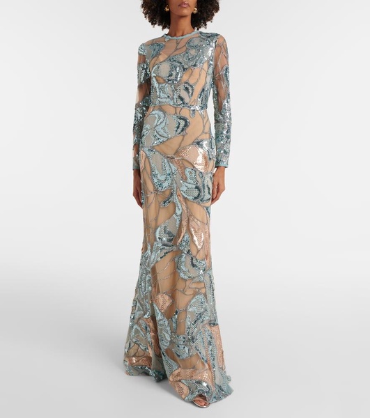 Embroidered silk-blend gown