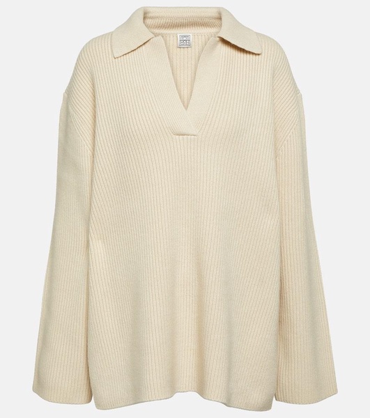 Ribbed-knit wool polo sweater