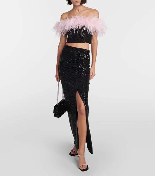 Feather-trimmed sequined crop top