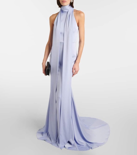 Scarf-detail halterneck satin gown