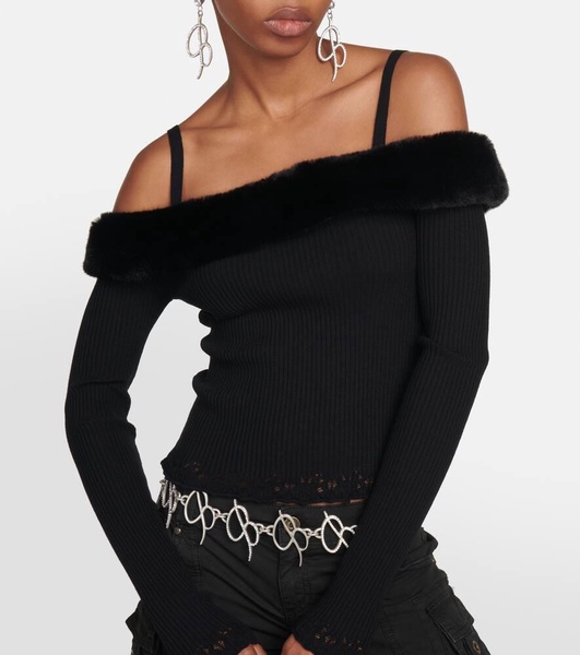 Faux fur-trimmed off-shoulder top