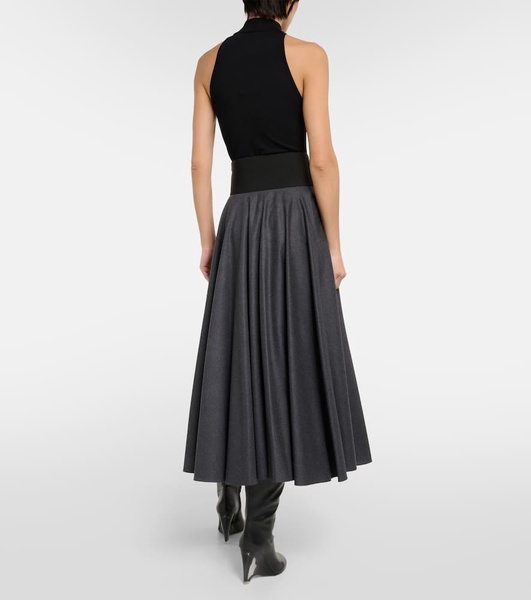 Belted high-rise virgin wool midi skirt