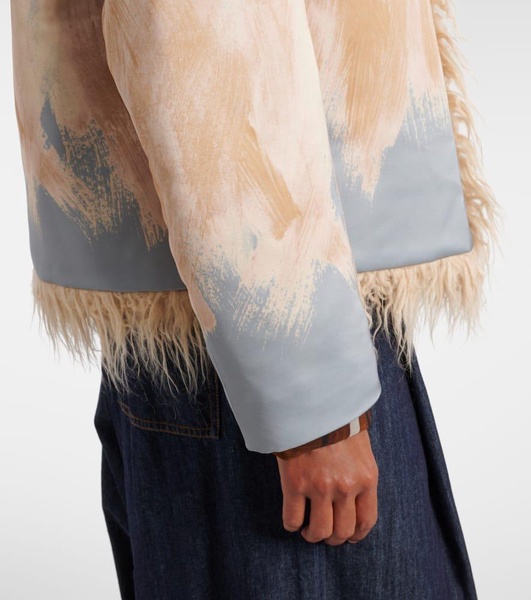 Printed faux fur-trimmed jacket