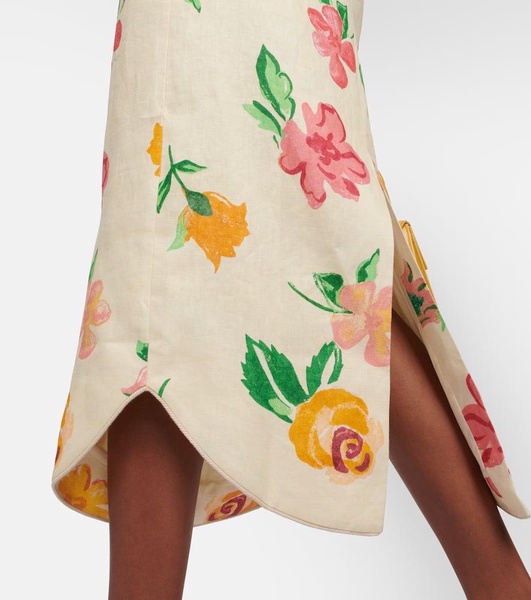 Cutout linen floral midi dress