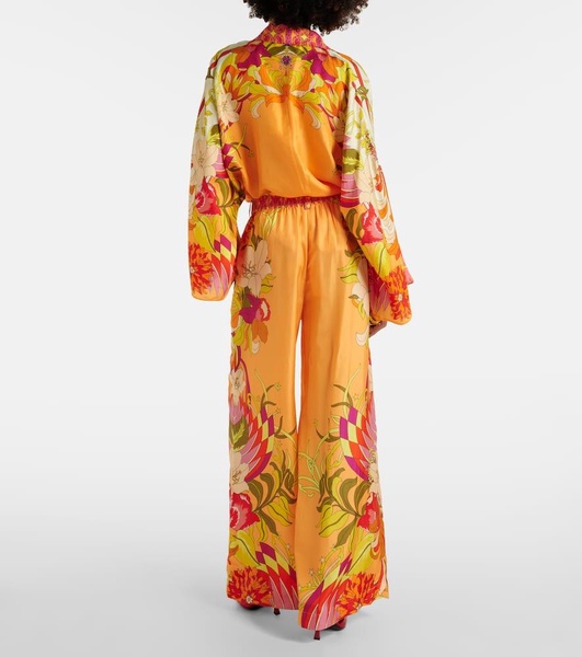 Floral silk satin wide-leg pants