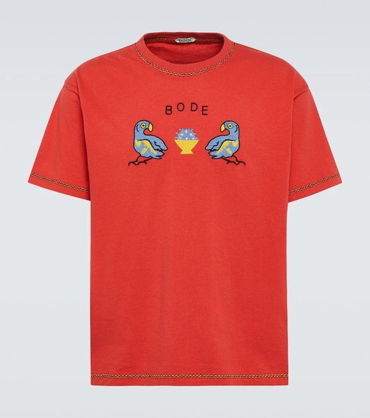 Twin Parakeet embroidered cotton T-shirt