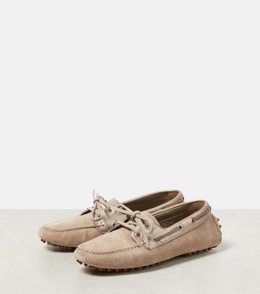 Leather-trimmed suede moccasins