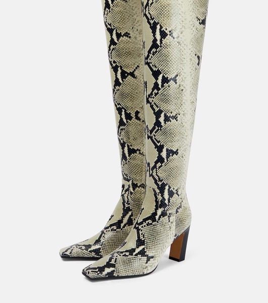 Snake-effect leather knee-high boots