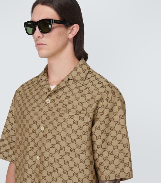 Camp-Collar Monogrammed Linen-Blend Jacquard Shirt