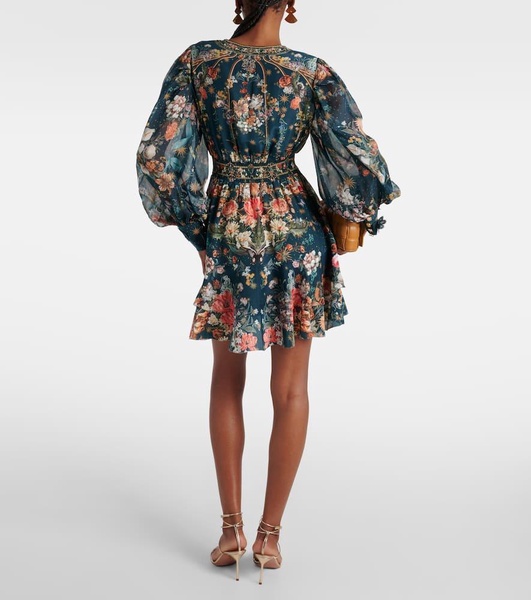 Embellished floral silk crêpe minidress