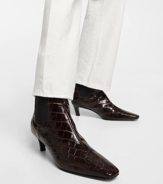 Croc-effect leather ankle boots