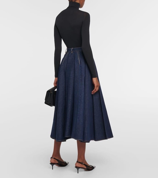 Pleated high-rise denim midi skirt