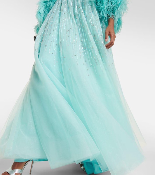 Imani embellished faux-feather trimmed gown