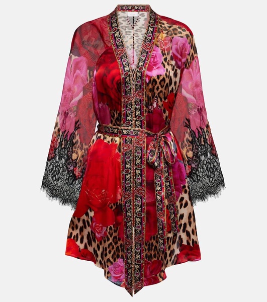 Printed lace-trimmed silk cardigan