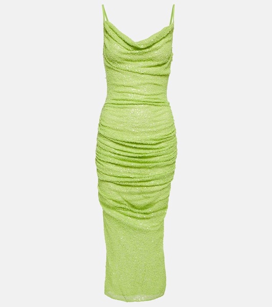 Beaded ruched mesh midi dress