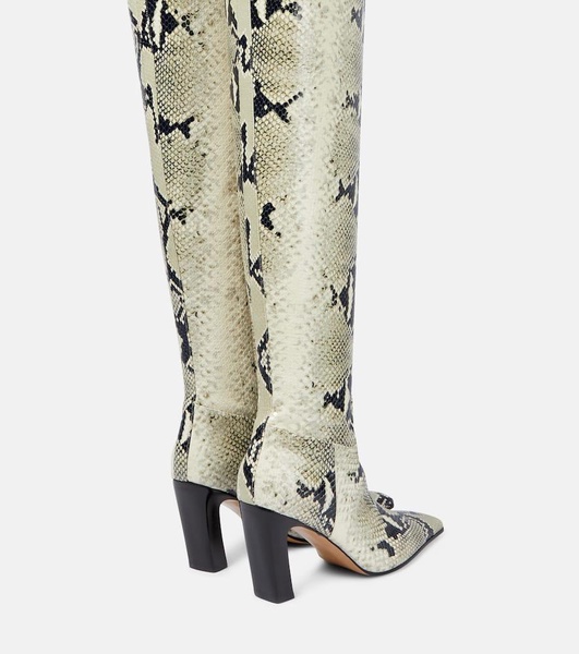 Snake-effect leather knee-high boots