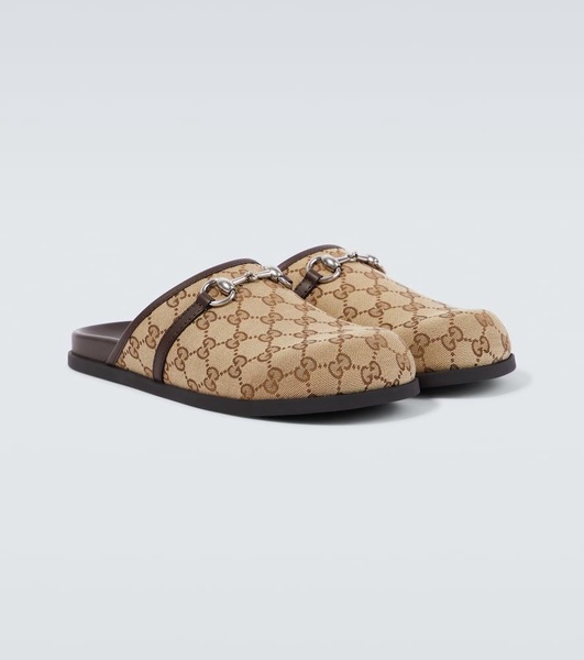 Rhein Horsebit Leather-Trimmed Canvas-Jacquard Mules