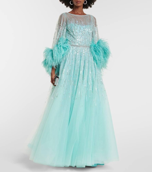 Imani embellished faux-feather trimmed gown