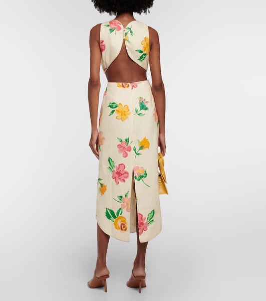 Cutout linen floral midi dress