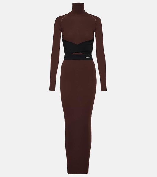 Belted jersey turtleneck maxi dress