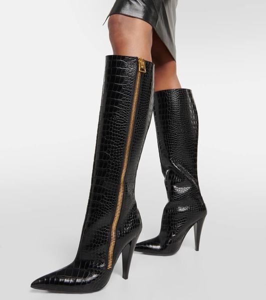 Croc-effect leather knee-high boots