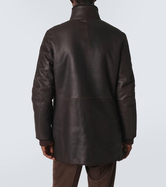 Reversible leather and shearling peacoat