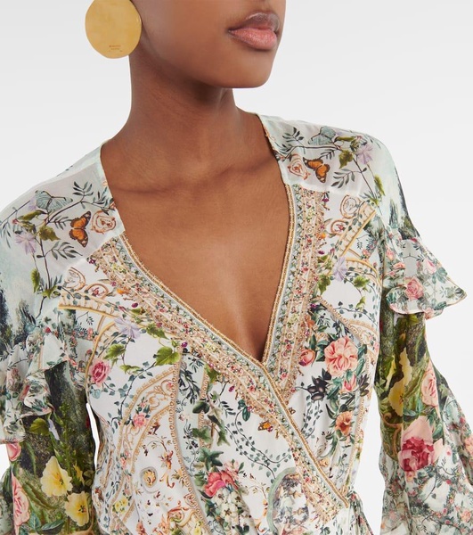 Ruffled floral silk crêpe wrap dress