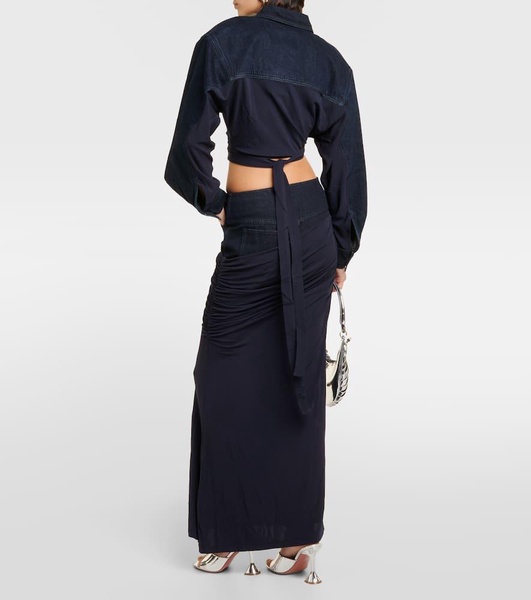 Ruched denim maxi skirt 