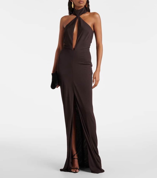 Cutout halterneck sandblasted jersey gown