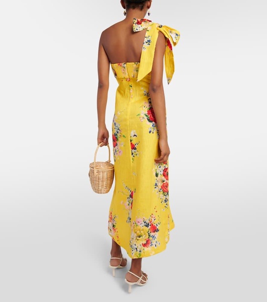 One-shoulder floral linen midi dress