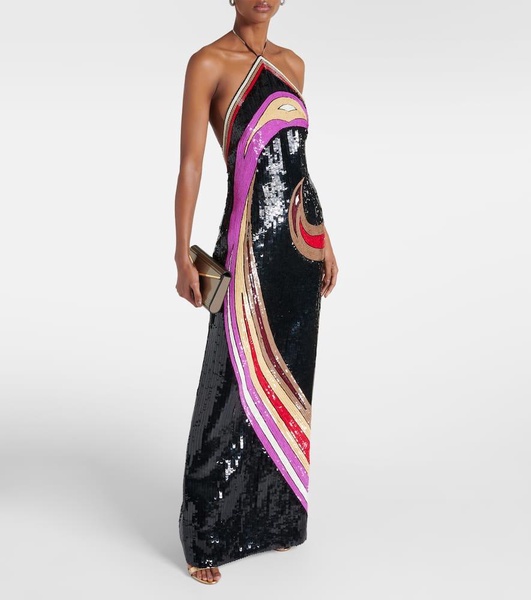 Sequined printed halterneck gown