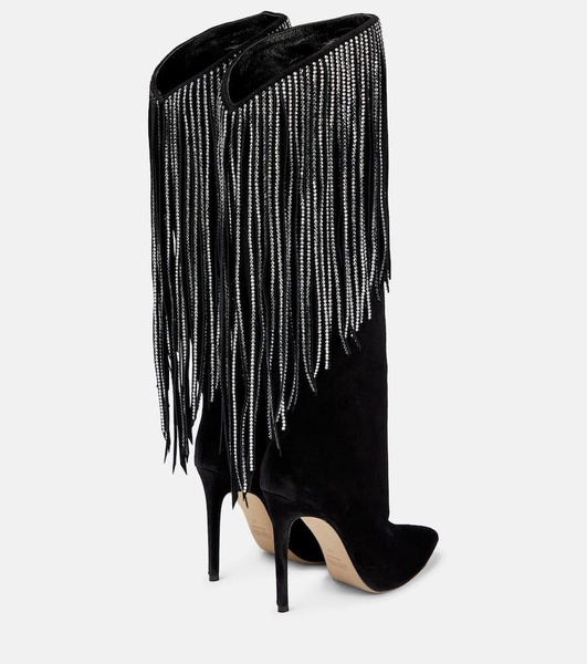 Fringed embellished suede knee-high boots