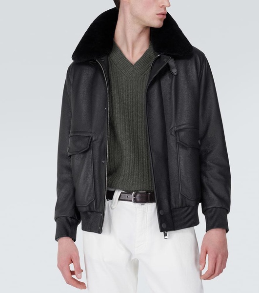 Shearling-trimmed leather bomber jacket