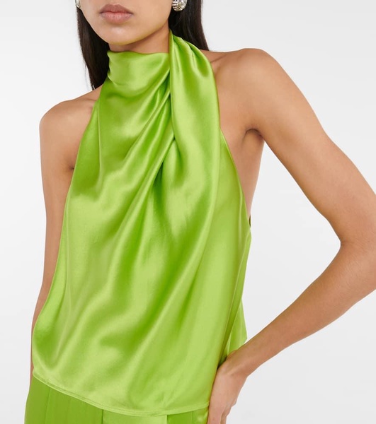 Draped high-neck silk satin top