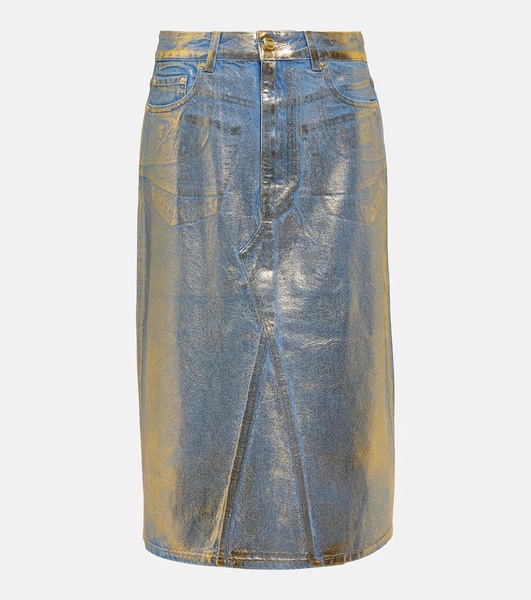 Gold-foiled denim midi skirt