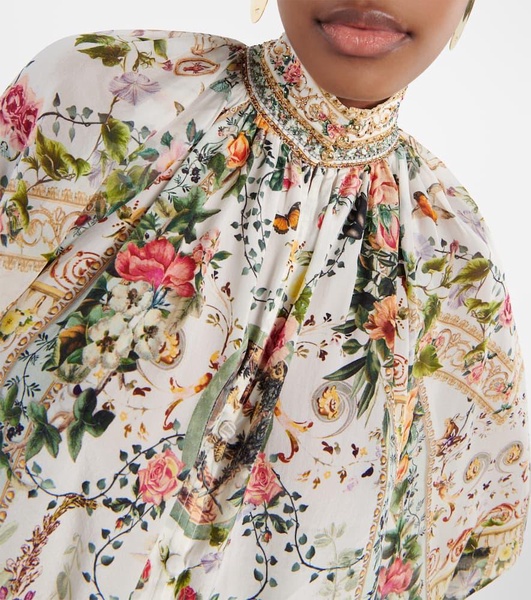 Floral high-neck silk crêpe blouse