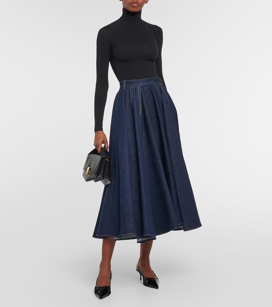 Pleated high-rise denim midi skirt