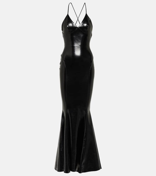 Open-back faux patent leather maxi dress