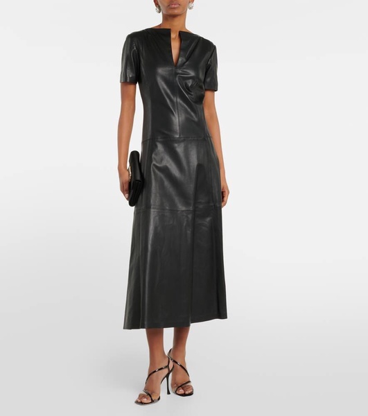 V-neck leather midi dress