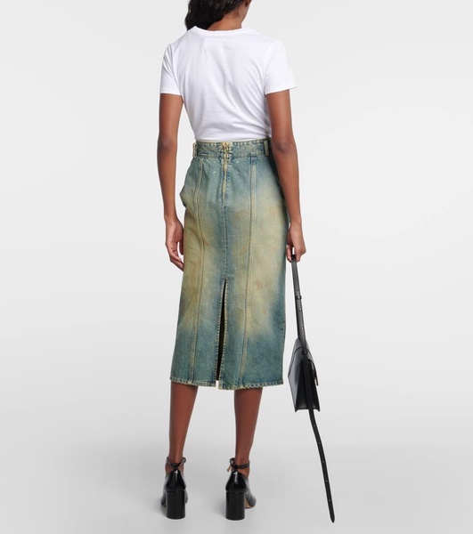 Pleated denim midi skirt