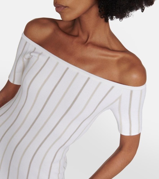 Striped off-shoulder virgin wool maxi dress