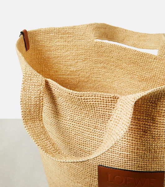 Slit Large leather-trimmed raffia tote bag