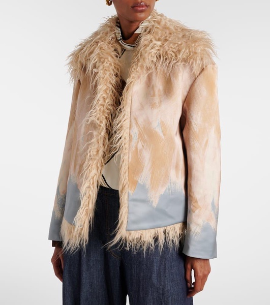 Printed faux fur-trimmed jacket