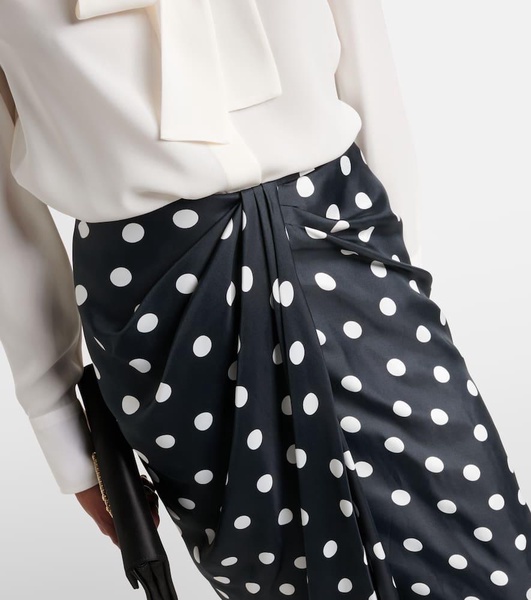 Polka-dot gathered satin midi skirt