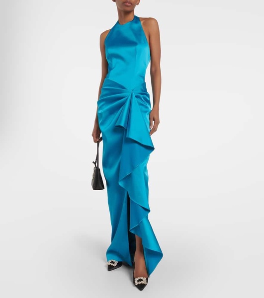 Halterneck draped satin gown