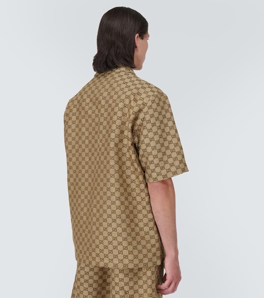 Camp-Collar Monogrammed Linen-Blend Jacquard Shirt