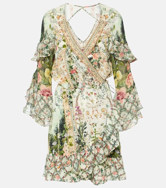 Ruffled floral silk crêpe wrap dress